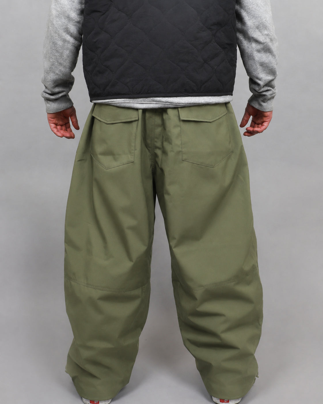 Olive Baggy Snow Pants, studio back view