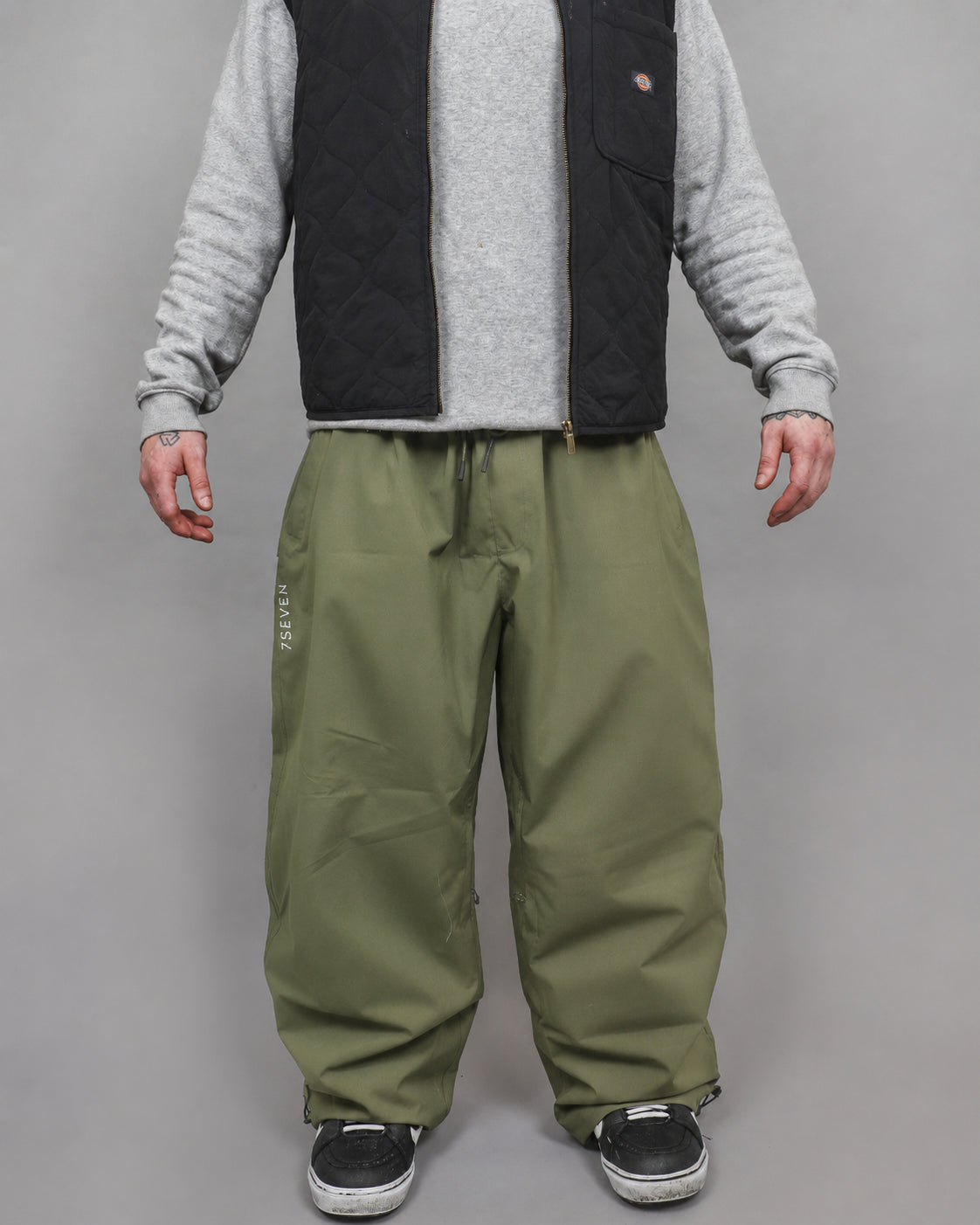 Olive Baggy Snow Pants, studio front view