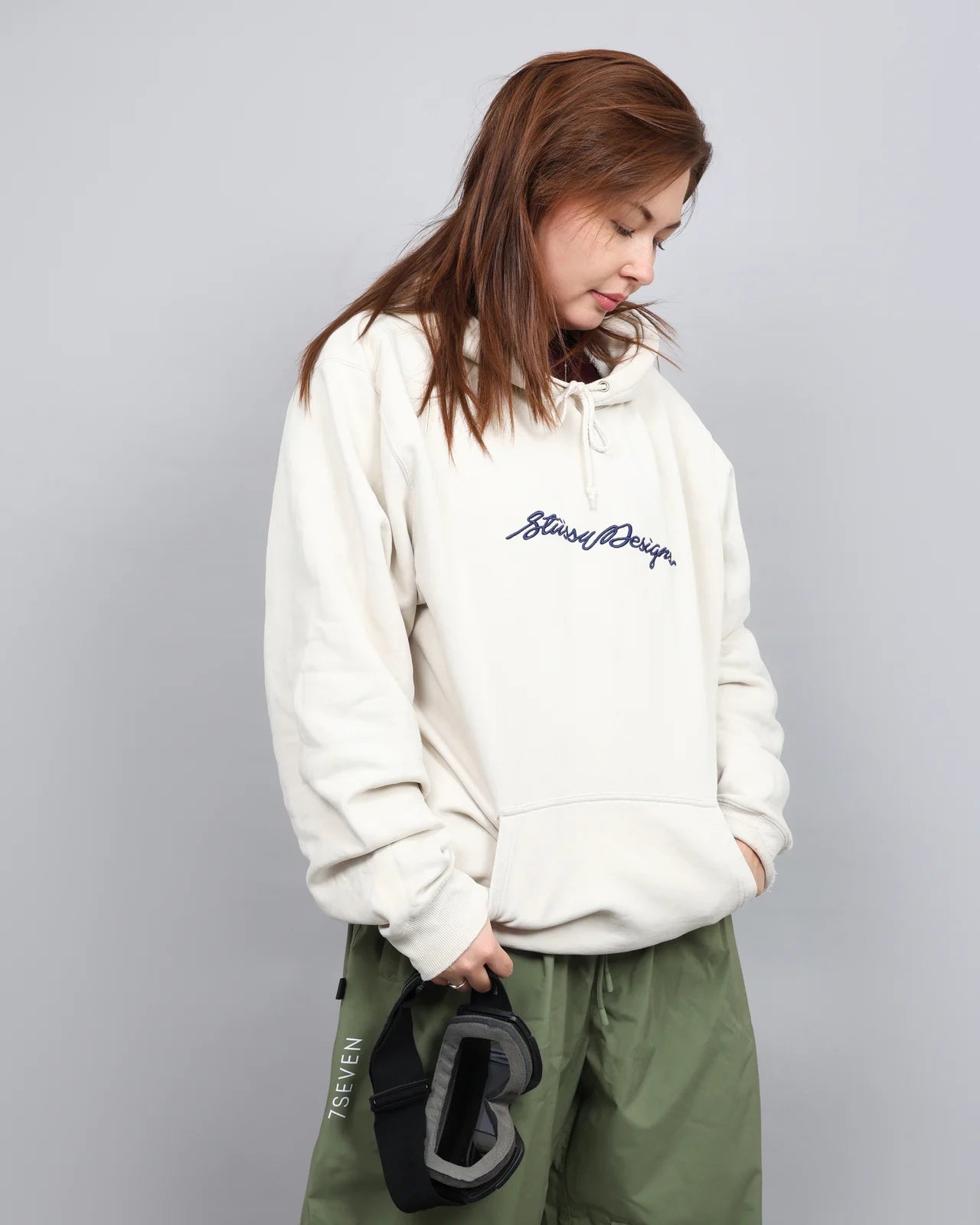 Olive Baggy Snow Pants on woman model